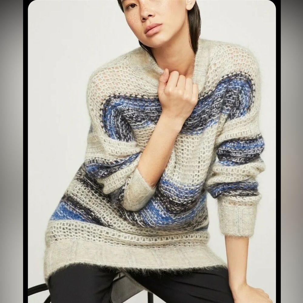 $298 NWT BCBGMAXAZRIA Sz2XS STRIPED OVERSIZED MOHAIR TUNIC SWEATER CERULEAN‎